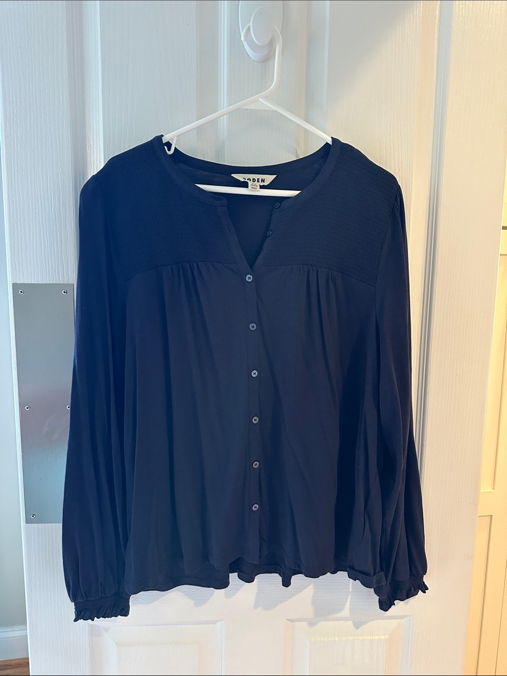 Boden Navy Button-Front Long-Sleeve Top
